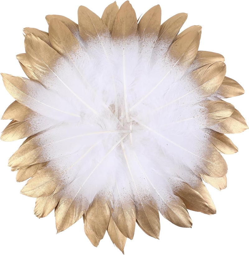 Larryhot Dipped Gold & White Goose Feathers for Crafts - 6-8 inch 60 pcs Natural Feathers for Wedding Party Decorations,DIY Crafts and Table Centerpiece(Gold & White) - Image 2